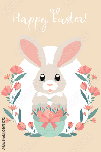 Cute greeting card with cartoon bunny holding a basket full of painted Easter eggs and spring flowers. Trendy Easter design with lettering in pastel colors. Hand drawn vector illustration.