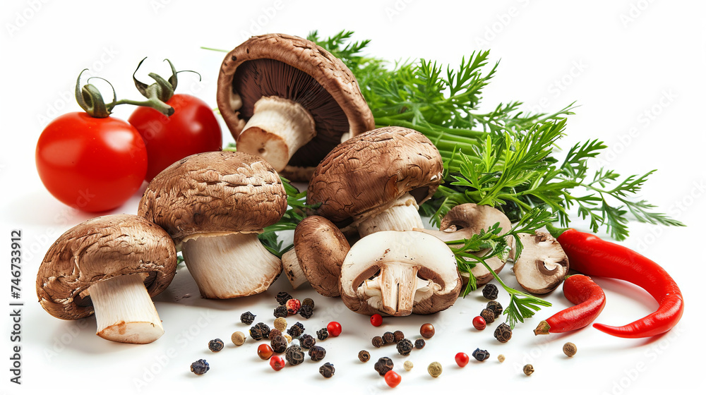 Champignon mushrooms with spices and vegetables on a white isolated background, side view Champignon mushrooms with spices and vegetables on a white isolated background, side view