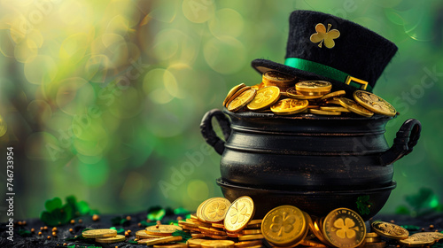An iron pot with gold coins and green clover, and on top a leprechaun hat on a green blurred background