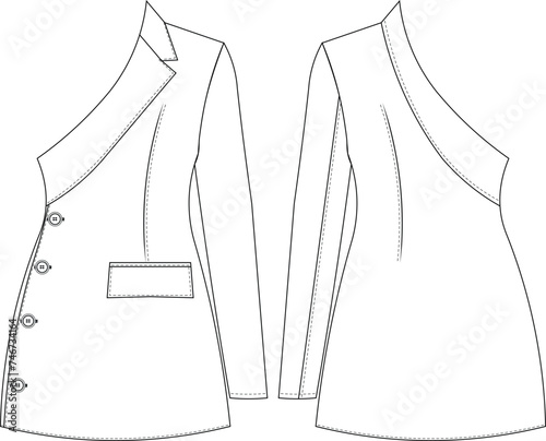 collared one sleeve long sleeve asymmetric neck buttoned darted mini jacket a line short dress template technical drawing flat sketch cad mockup fashion woman design style model