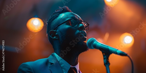 Gospel singer giving a spirited performance with radiant worship background ambiance. Concept Gospel Music, Spirited Performance, Radiant Background, Worship Ambiance