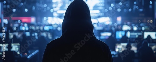 Medium shot A notorious hackers silhouette looming over an eSports event a digital ghost threatening the integrity of the competition photo