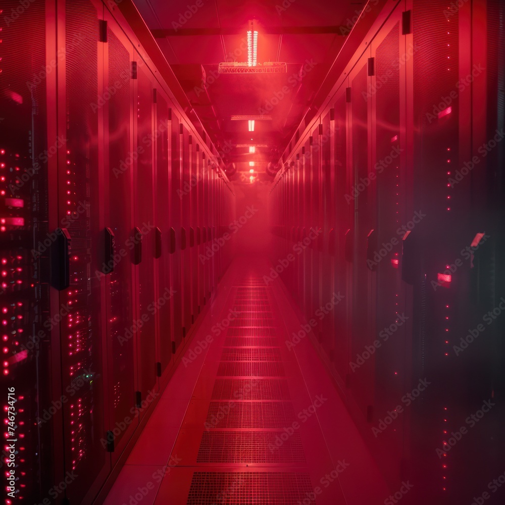 Medium shot of a data center with visible signs of a cybersecurity attack emphasizing the vulnerability of big data infrastructures Medium shot of a data center with visible signs of a cybersecurity attack emphasizing the vulnerability of big data infrastructures