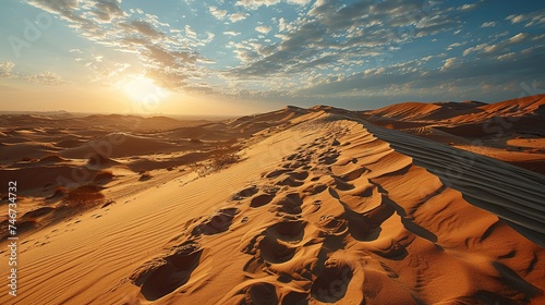 footprints on top of the sand dunes in the desert., in the style of art, islamic art and architecture, orientalist landscapes photo