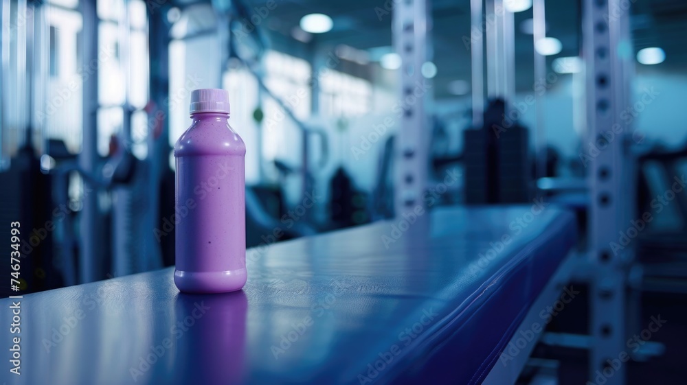 gym scene with a bottle of grape milk on the equipment, presenting it as a fitness supplement gym scene with a bottle of grape milk on the equipment, presenting it as a fitness supplement