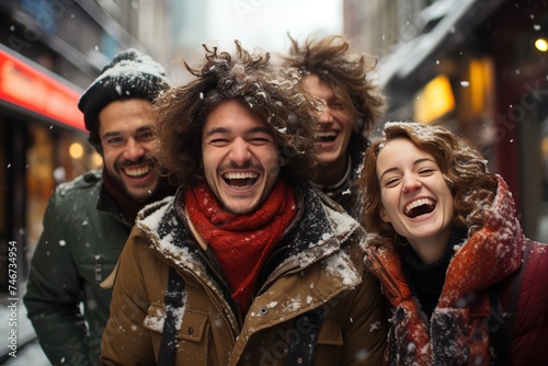 four people laughing and playing in the snow, in the style of urban emotions, travel, grey academia, strong facial expression, street scene, vibrant, lively