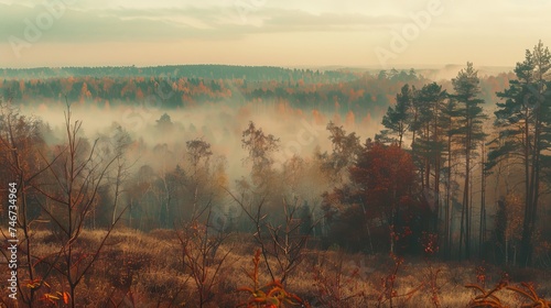 panoramic view of misty forest. far horizon. - retro, vintage style look