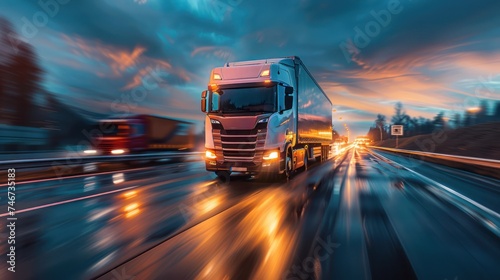 A close up shot of a heavy duty semi truck on a motorway speeding past other vehicles