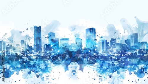 urban cities watercolor artwork blue city background Generative AI #746735342