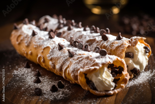 Delicious close-up of a cannoli on rustic wood, adorned with sugar and cocoa. Ideal for dessert menus, food blogs, or enticing culinary promotions