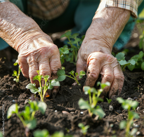 A touching image of elderly hands tending to fertile soil in a garden bed. Perfect for gardening guides, organic farming promotions, or illustrating the joys of gardening in spring