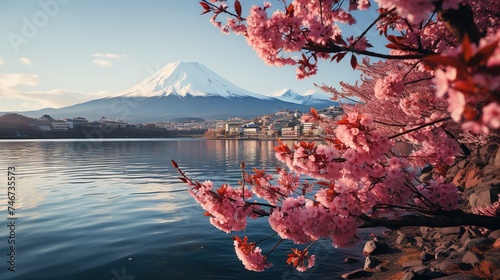fuji 4 nights, 2 days tour, in the style of turquoise and crimson, cherry blossoms, grandiose cityscape views, orient-inspired, multilayered, cultural hybridity