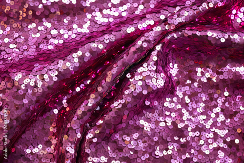 Ultrafine detail shot of magenta sequin fabric against a white backdrop. Perfect for fashion blogs, interior design inspiration, or creative visual compositions