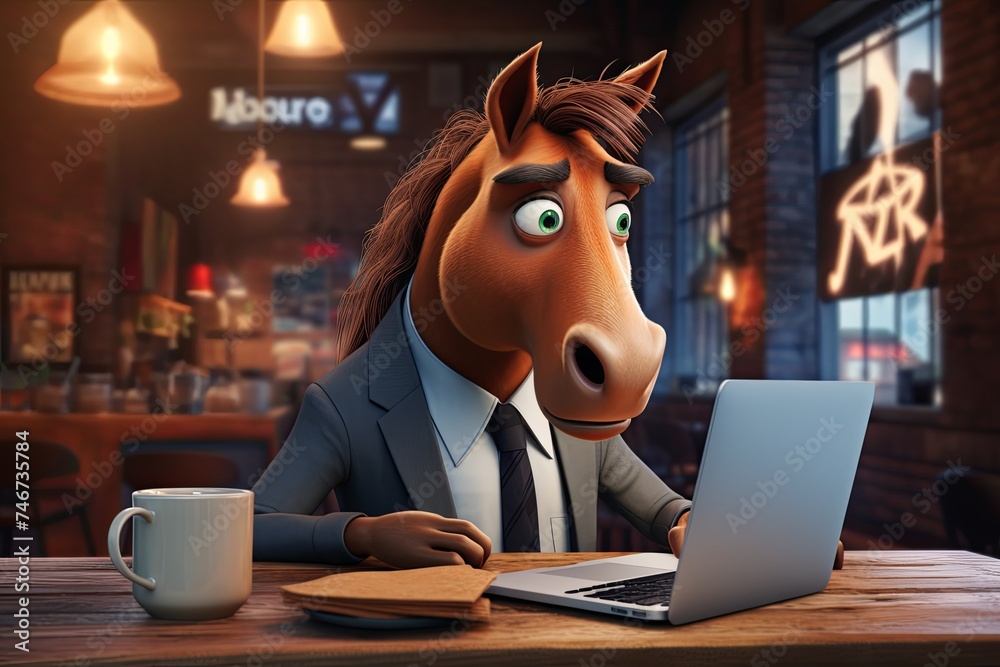 A gallant horse in a classy suit, looking worried while tracking stocks on his macbook in a coffee shop - obrazy, fototapety, plakaty 