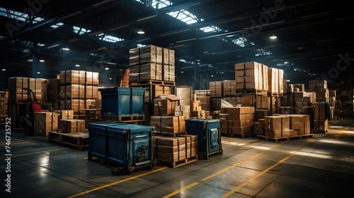 full logistics warehouse packed with boxes, in the style of commercial imagery, dark cyan and dark brown, industrial influence photo
