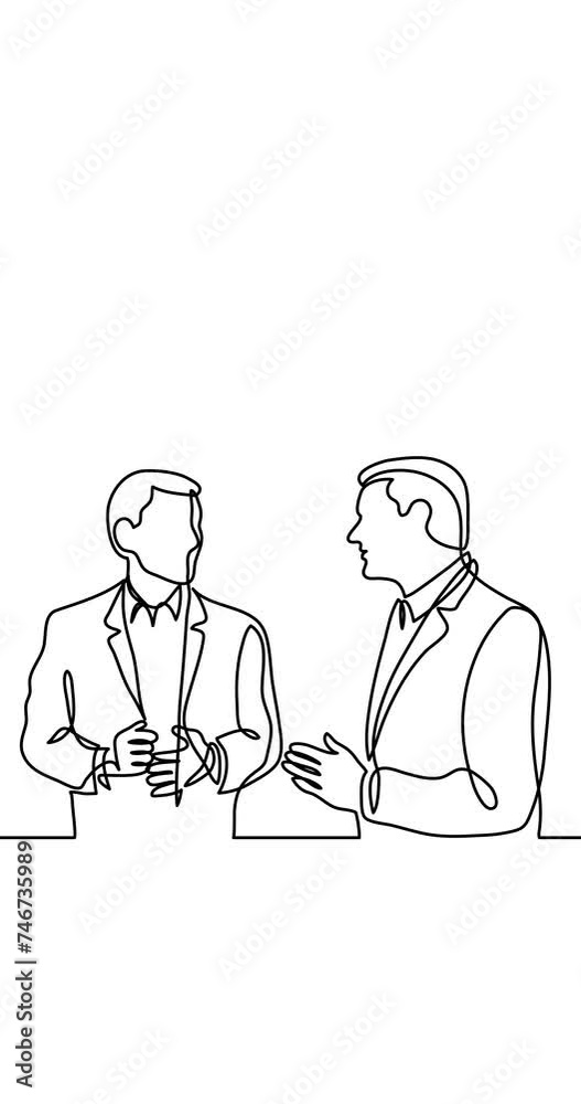 Self drawing continuous line animation of people talking conversation vertical video with copy space for social media ad campaign