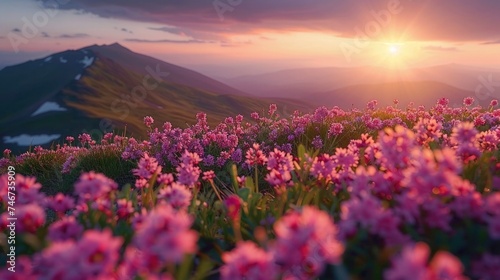 A serene landscape of the Siberian mountains  with Rhodiola rosea plants blooming on the rugged slopes  the scene bathed in the golden glow of the sunset
