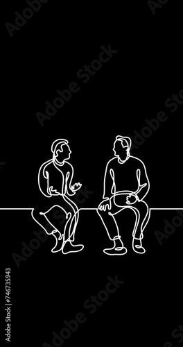 Self drawing continuous line animation of people talking conversation vertical video black background with copy space for social media ad campaign