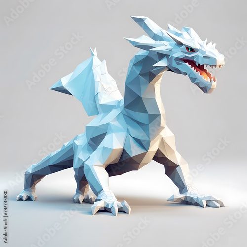 a crystal blue 3D dragon, digital art, white background
