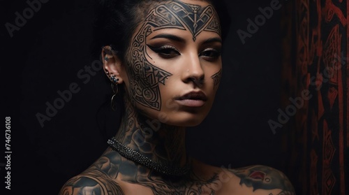 A woman with face tattoos showing various designs and patterns on a dark background. © mischenko