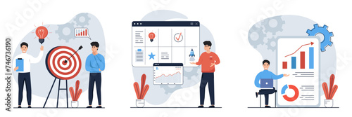 Strategic planning mega set. Bundle of scenes people analyze data statistics, create development plan, improving strategy, create new ideas and promote them. Vector illustrations 