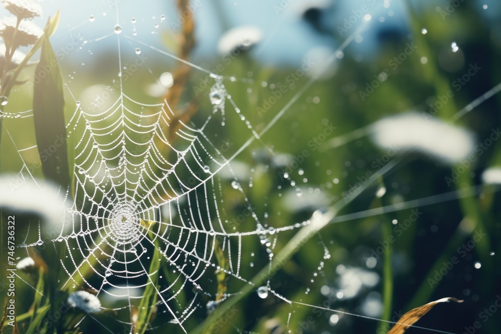 Naklejka premium Dewy Spider Web on Green Grass