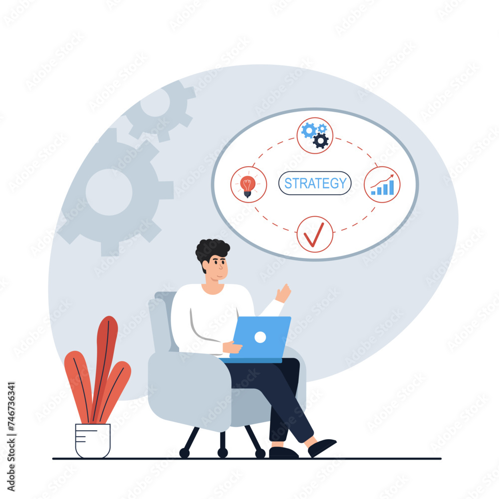 Strategic planning concept.Character analyze data statistics, create development plan, improving strategy, create new ideas and promote them. Vector illustrations 