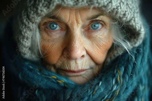 Elderly Woman in Knitted Hat and Scarf