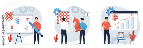 Strategic planning mega set. Bundle of scenes people analyze data statistics, create development plan, improving strategy, create new ideas and promote them. Vector illustrations 