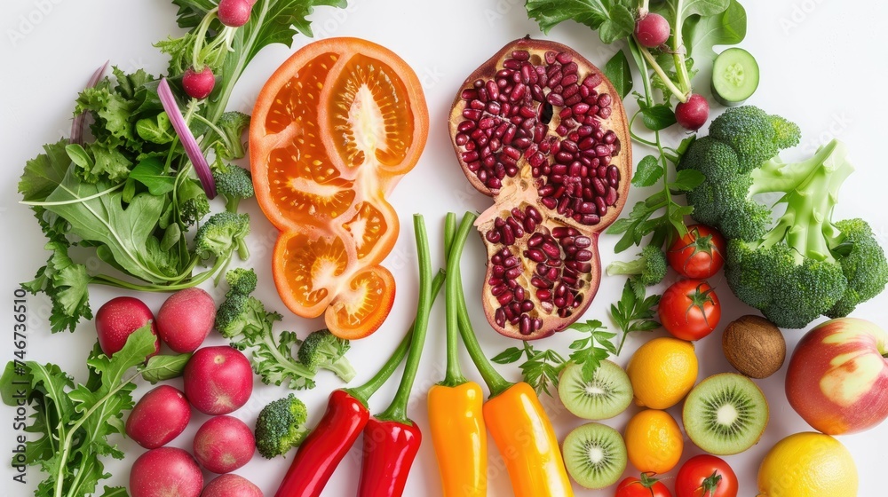 Brightly colored fruits and vegetables artfully organized in the shape of human lungs, symbolizing respiratory health and nutrition.
 - obrazy, fototapety, plakaty 