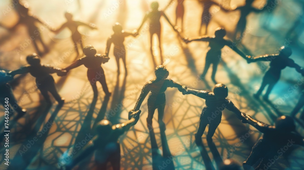 Silhouetted figures interconnected, resembling a neural network ...