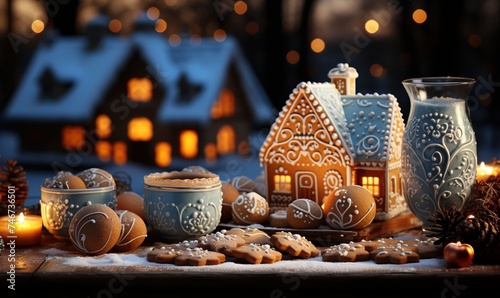 gingerbread house on a table next to christmas lights, in the style of light sky-blue and amber, digital manipulation, detailed backgrounds, villagecore, spatial, konica big mini