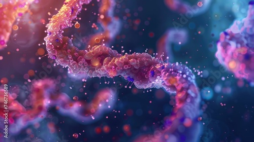 A digital illustration of a DNA double helix with glowing particles in a vibrant, colorful abstract representation. 