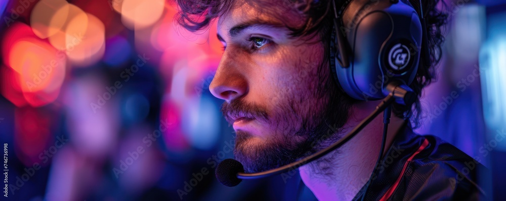 Close up A high tech headset worn by an eSports commentator equipped with noise cancellation and audio enhancement for clarity Close up A high tech headset worn by an eSports commentator equipped with noise cancellation and audio enhancement for clarity