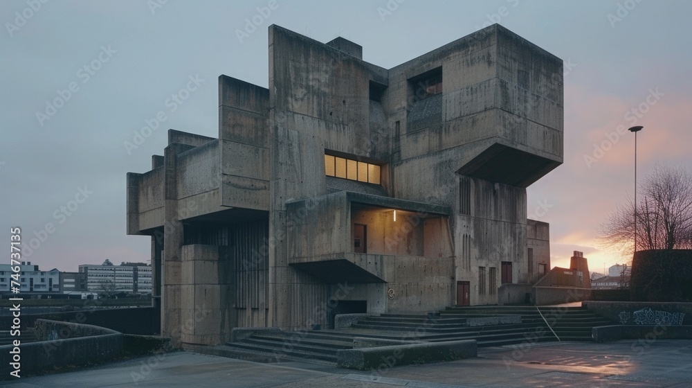 brutalist building at dusk, showcasing its raw concrete structure, geometric shapes and starkness of brutalist architecture brutalist building at dusk, showcasing its raw concrete structure, geometric shapes and starkness of brutalist architecture