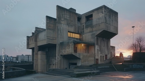 brutalist building at dusk, showcasing its raw concrete structure, geometric shapes and starkness of brutalist architecture