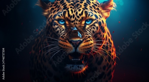 Craft a compelling digital artwork portraying the intense expression and natural allure of a leopard's face, rendered in high-resolution detail. 