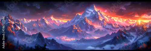 Snow-capped Mountain Peaks Glowing at Dawn 3d image, Mountains in clouds at sunset
