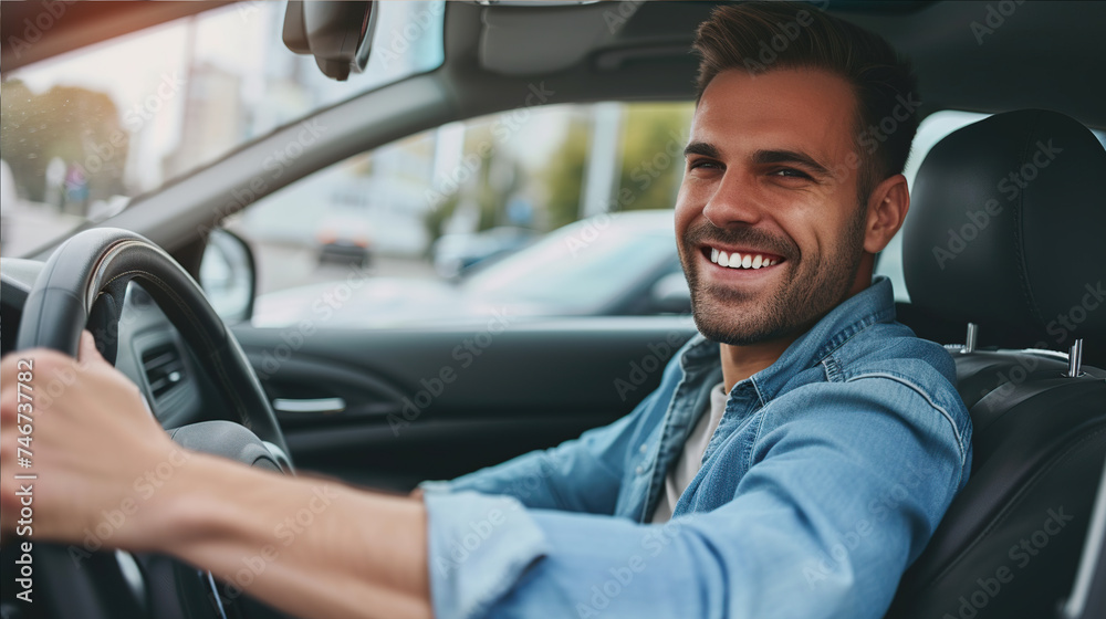 A personable man in denim clothes is sitting at the wheel of a car and smiling A personable man in denim clothes is sitting at the wheel of a car and smiling