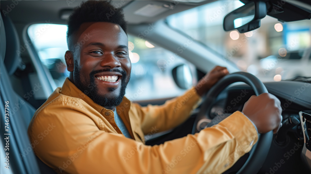 A personable black  man  is sitting at the wheel of a car and smiling
