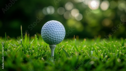 A golf ball placed on a tee just before a drive, close up of the dimples on the ball, the tee, and the anticipation of the upcoming shot.