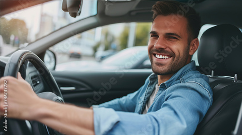 A personable man in denim clothes is sitting at the wheel of a car and smiling