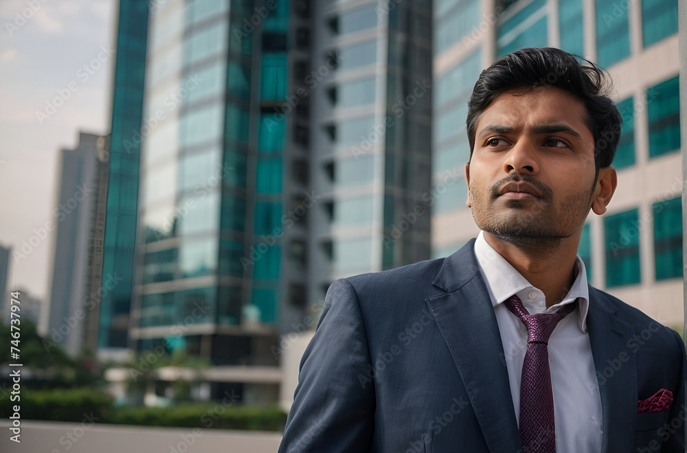 Confident rich eastern indian business man executive standing, business vision and leadership Confident rich eastern indian business man executive standing, business vision and leadership