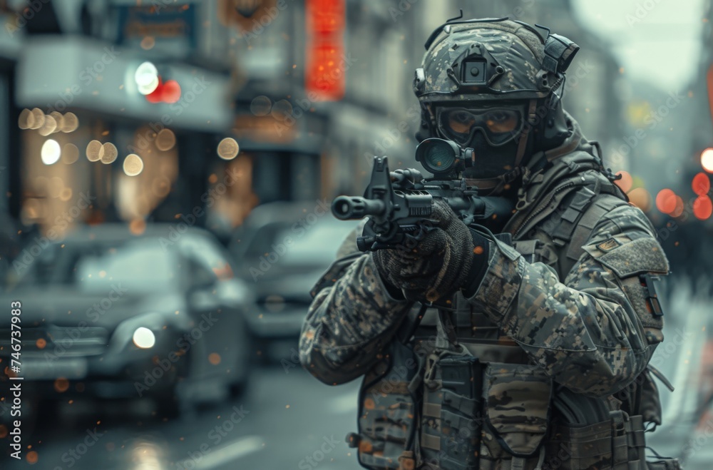 Detailed image of a camouflaged soldier holding a rifle, evoking tension and readiness in an urban setting