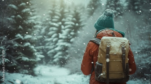 A woman wearing a hat and backpack in a snowy forest, hiking and winter travelling by foot, adventure concept.