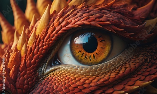 Captivating close-up of a dragon-like eye, surrounded by vibrant orange scales. The intricate details of the iris and scales evoke a sense of mythical wonder. AI Generative © video rost