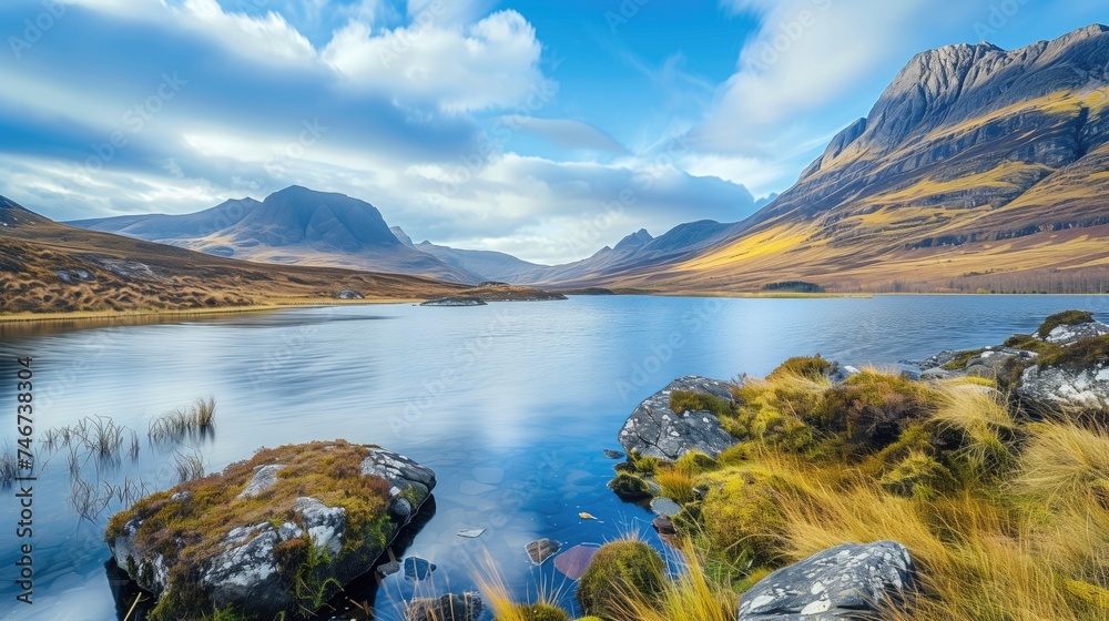Obraz premium Beautiful northern valley and the lake with mountain hills near the big rocky stones with blue sky and clouds on sunny day