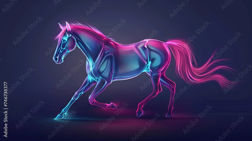 Volumetric figure of a horse with glowing neon light outline. The hoofed animal is running fast. Illustration for cover, card, postcard, interior design, banner, poster, brochure or presentation. Volumetric figure of a horse with glowing neon light outline. The hoofed animal is running fast. Illustration for cover, card, postcard, interior design, banner, poster, brochure or presentation.