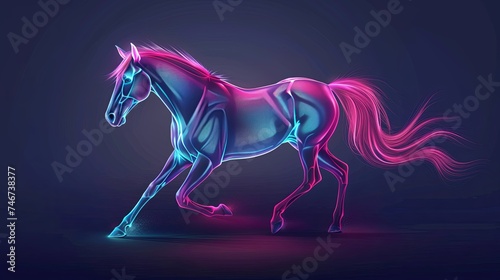 Volumetric figure of a horse with glowing neon light outline. The hoofed animal is running fast. Illustration for cover  card  postcard  interior design  banner  poster  brochure or presentation.