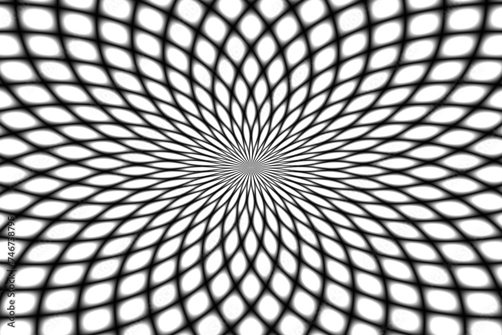 Obraz premium Abstrakcyjny geometryczny układ czarnych siatkowych rozmytych linii na białym tle skupionych centralnie - tapeta, tekstura, kalejdoskop